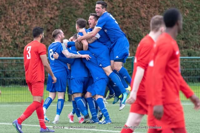 Yaxley players celebrate a goal against Leicester Nirvana  in a recent Uniyted Counties Premier Division game. Photo: Russell Dossett.