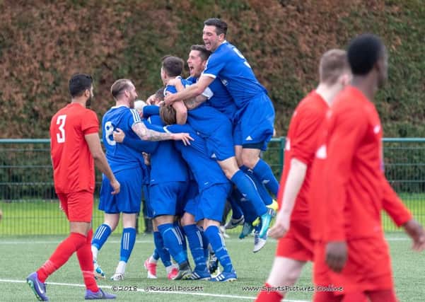Yaxley players celebrate a goal against Leicester Nirvana at the weekend. Photo: Russell Dossett.