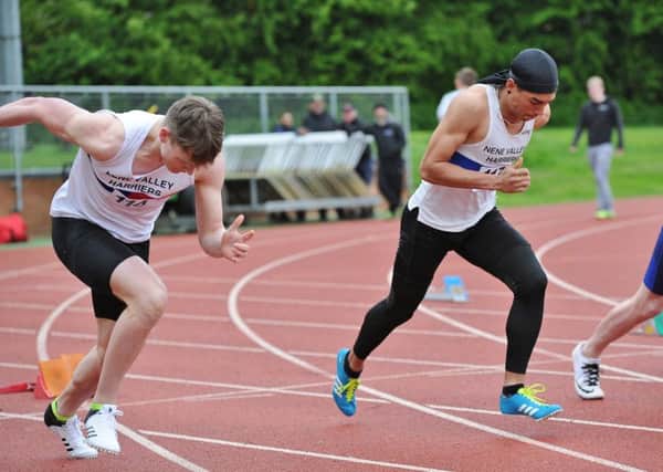 Will Hughes (left) and Ronan Rawlings at the start of the 200m. Hughes was second in the A race in 21.9 and Rawlings won the B race in 22.5.