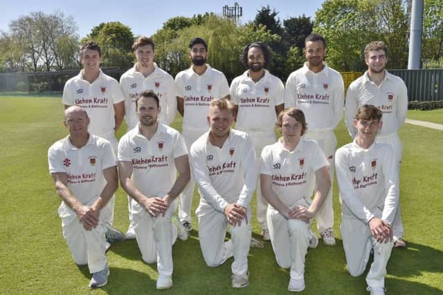 Oundle before their six-wicket defeat at the hands of Peterborough Town, front, left to right,  (front)  Ben Smith, Phil Adams, Mark Hodgson, Conor Craig, Harrison Craig, back,  Pete Foster, James Kettleborough, Mohammed Qadeer, Primesh Patel, Tom Norman and Dan Robinson. Photo: David Lowndes.