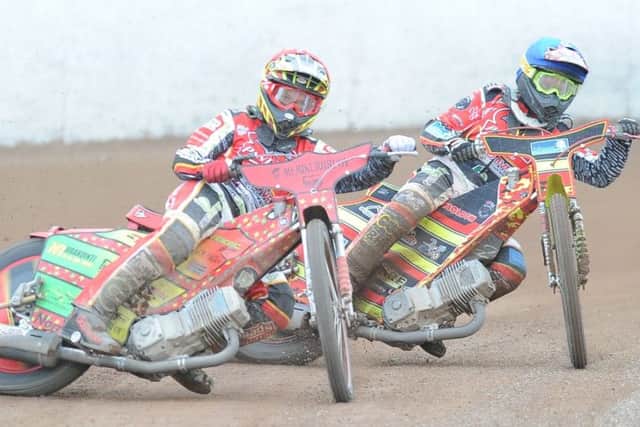 Heat five action from Panthers v Workington involving Panthers Nike Lunna (red helmet) and Michael Palm Toft (blue). Photo: David Lowndes.