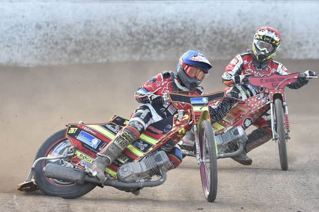Michael Palm Toft is out in front for Peterborough Panthers against Edinburgh in heat nine on his way to a magnificent maximum. Photo: David Lowndes.