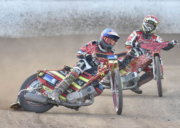 Michael Palm Toft is out in front for Peterborough Panthers against Edinburgh in heat nine on his way to a magnificent maximum. Photo: David Lowndes.