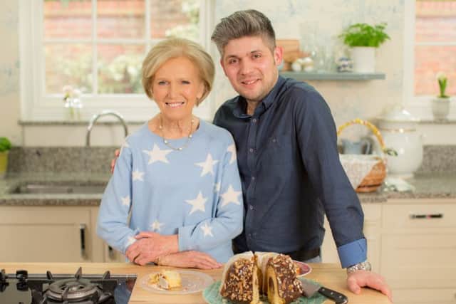 Damian Wawrzyniak with Mary Berry on BBC2's Mary Berry's Easter Feast.