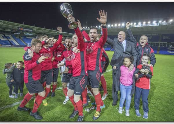 Netherton United celebrate their PFA Senior Cup final success at the ABAX Stadium. Photo: Mark Chambers photography.
