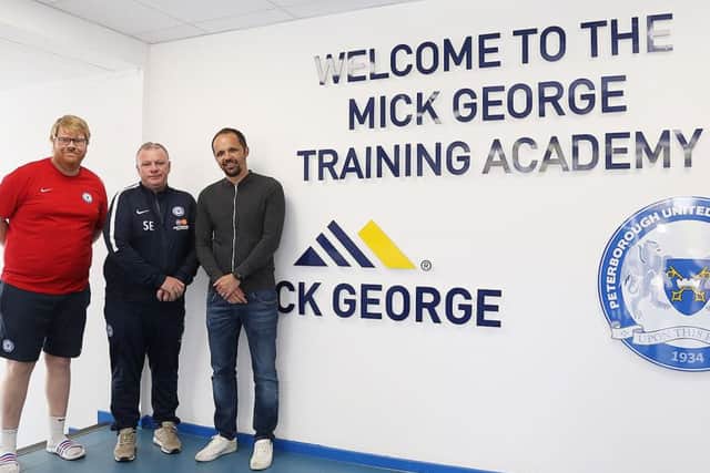 Matthew Etherington (right) with Posh Academy chief Nick Sheppard (left) and first-team manager Steve Evans.
