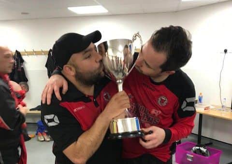 Netherton manager Jon Harrison (left) with long-serving player Ben Daly.