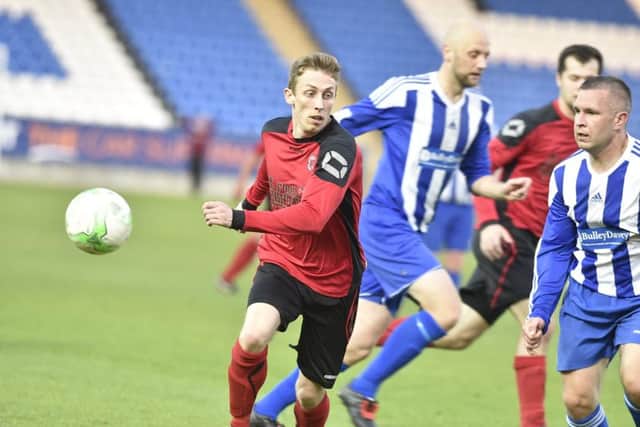 Tommy Randall in action in the PFA Senior Cup Final. Photo: David Lowndes.