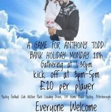 The poster for the football match in tribute to Anthony Todd