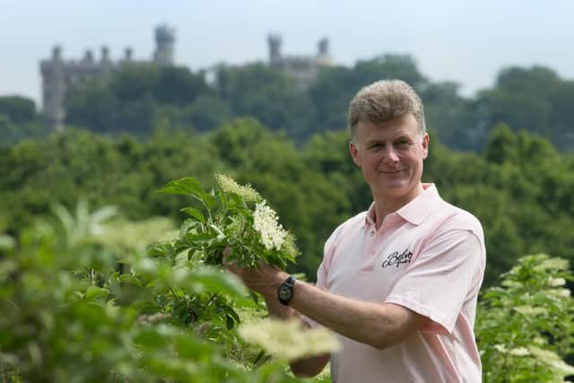 Pev Manners, managing director of Belvoir Fruit Farms, inspecting the elderflowers.