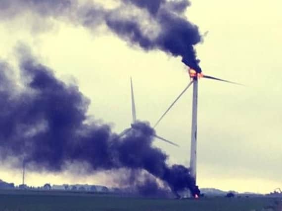 Flames engulfed the wind turbine. Photo: Cambs Fire and Rescue