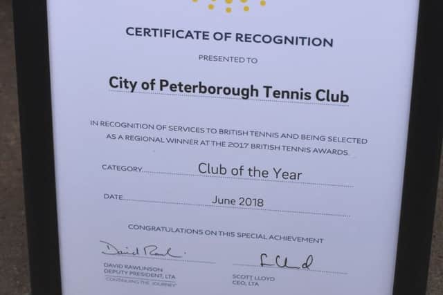 City of Peterborough's certificate to recognise a regional award from the LTA.