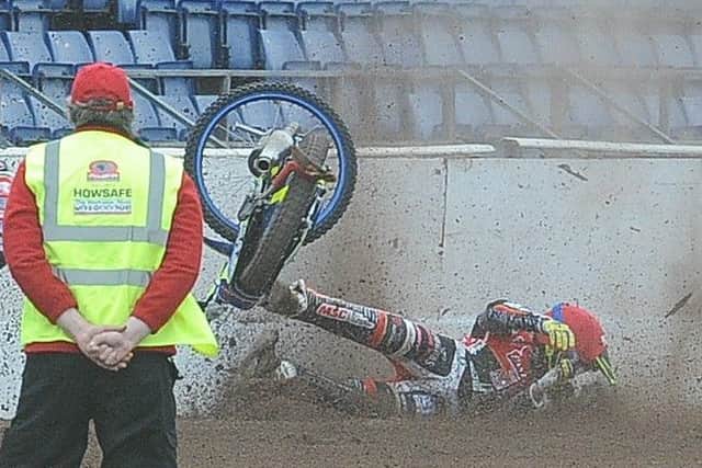 Panthers' star Ulrich Ostergaard was taken to hospital after this clash in the meeting with Ipswich. Photo: David Lowndes.