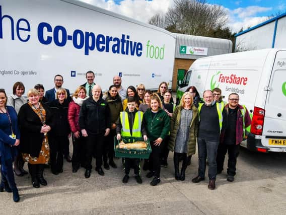 Representatives from Central England Co-op and FareShare come together
to celebrate the roll-out of the food redistribution project.