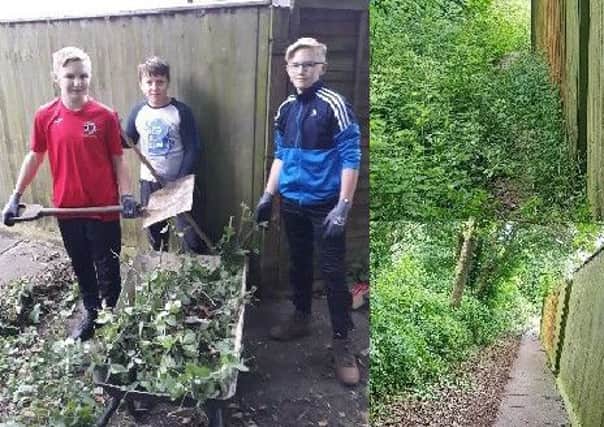Danny White with his twin Jamie and friend Luke Schaedel and (right) the footpath before and after.