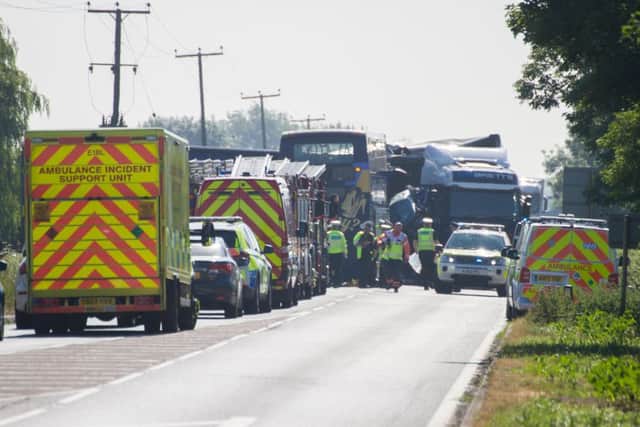 Bus collides with Lorry on the A47, Peterborough 26/06/2018.  Picture by Terry Harris. THA