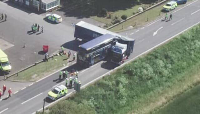 Bus collides with Lorry on the A47, Peterborough 26/06/2018. Picture by Terry Harris. THA