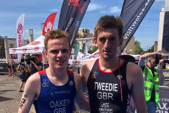 Jonathan Oakey and Nathan Weedie at the Cardiff Triathlon.
