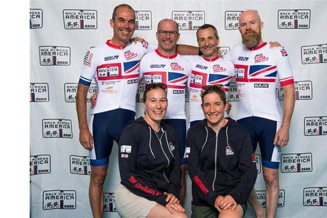 PACTRAC chairman Roger Canham (left) and long-time member Roger Brookes (third left) with the rest of the team that cycled across America.