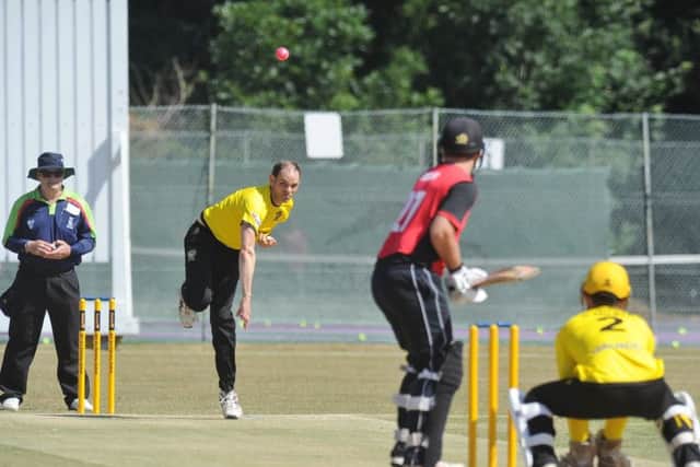 Richard Kendall bowling for Peterborough Town against Old Northamptonians in the final of the Northants T20 Championship. Photo: David Lowndes.