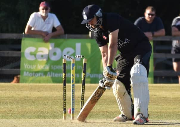 Abz Shafiq of Barnack is bowled by Patrick Brown of Market Deeping in the Burghley sixes. Photo: James Biggs.