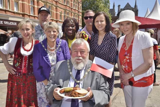 Polish Festival at Cathedral Square. Deputy Mayor Coun. John Fox, Deputy Mayoress Judy Fox, Coun Irene Walsh, Agniesake Wybriol, first secretary of the Polish Vice Consul and organisers of the event EMN-180107-141051009