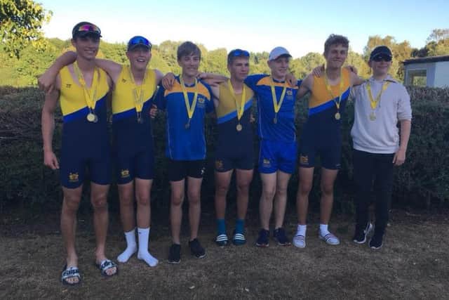Peterborough medallists, from the left, Ted Smith, Callum Gilby, George Woodall, Thomas Bodily, Ross Lamont, Thomas Jackson and Tom Calver (cox).