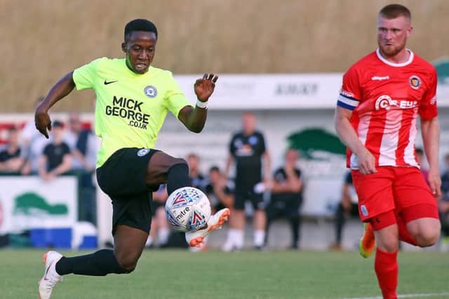 Siriki Dembele made an in instant impression on his Posh debut at Stamford AFC. Photo: Joe Dent/theposh.com.