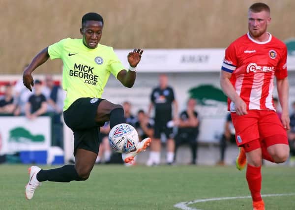 Siriki Dembele made an in instant impression on his Posh debut at Stamford AFC. Photo: Joe Dent/theposh.com.