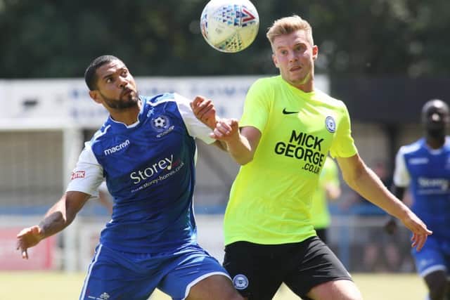 Adam King (right) in action for Posh at Bedford. Photo: Joe Dent/theposh.com.