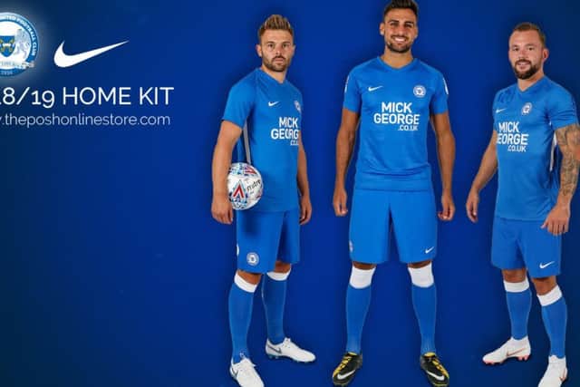 The new Posh home strip for 2018-19 modelled by, from left, Matt Godden, Ryan Tafazolli and Danny Lloyd. Photo: Joe Dent/theposh.com.
