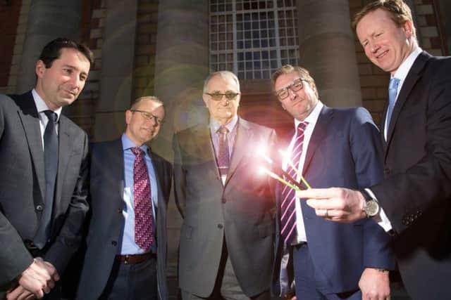 From left, Guilhem Poussot (Vodafone), Andy Starnes, CityFibre, Peterborough City Council leader Councillor John Holdich, Mayor of Cambridgeshire and Peterborough James Palmer and Rob Hamlin of City Fibre.
