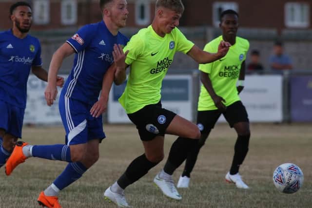 Young Posh striker Morgan Penfold in action at Peterborough Sports. Photo: Joe Dent/theposh.com.