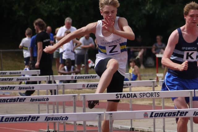 Cody Roe on his way to victory in the 80m hurdles at the East Anglian Junior League meeting.