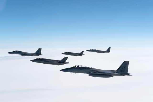 Two Air Force F-35A Lightning IIs from the 388th Fighter Squadron and three F-15C Eagles from the 493rd Fighter Squadron