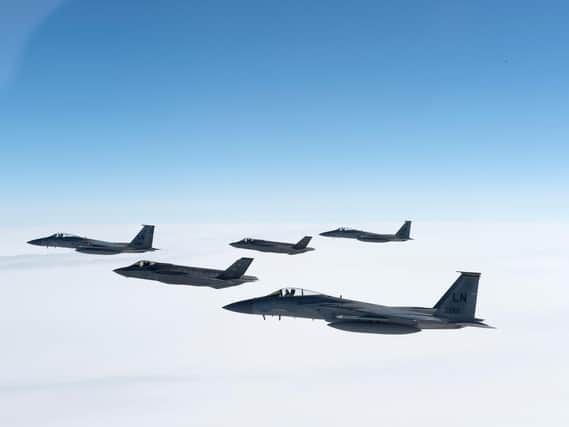 Two Air Force F-35A Lightning IIs from the 388th Fighter Squadron and three F-15C Eagles from the 493rd Fighter Squadron
