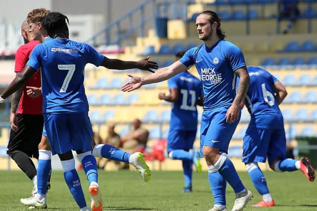 Jack Marriott celebrates a goal for Posh against Louletano.  Photo: Joe Dent/theposh.com.