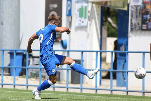 Matt Godden scores for Posh against Louletano. Photo: Joe Dent/theposh.com.