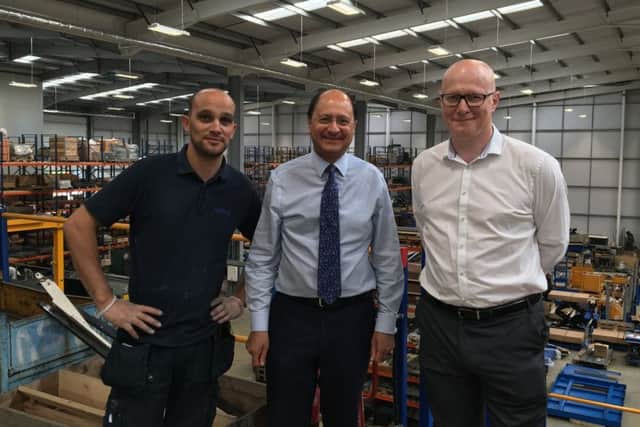 From left, Jason Northern (Manufacturing Manager), Shailesh Vara MP and Mike Prince (Managing Director)