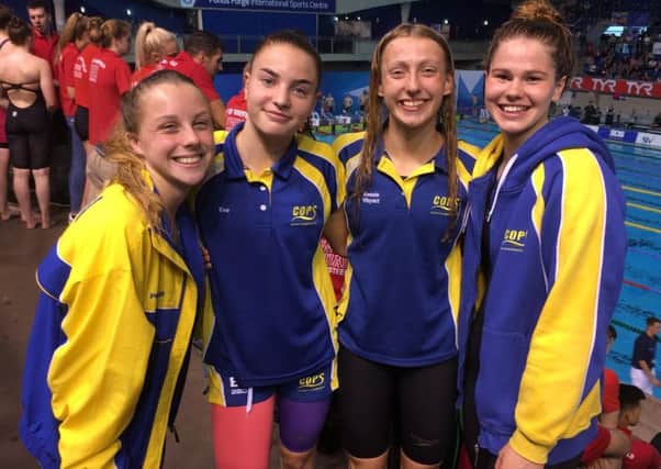 The COPS 4x100m medley relay team that won bronze. From the left are Amelia Monaghan, Eve Wright, Mackenzie Whyatt anbd Mia Leech.