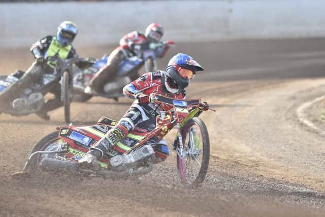 Michael Palm Toft leads heat three in Panthers' 49-49 draw against Ipswich. Photo: David Lowndes.