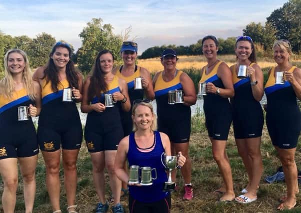 Peterborough City winners at Sudbury. From the left are Lucille Middleton, Gemma Singleton, Hayley Shipton, Kate Read, Jo Canton, Gail Parker, Tina Allen, Hayley Masters and cox Ericha Knowles Pardoe (front).