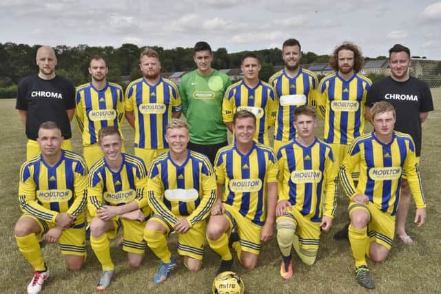 Moulton Harrox:, front, Dalius Kisla, James Thorold, Joe Townsend, Josh McGuire, Declan Earth, Marcus Parry, back, Daniel Maddison, Phil Groves, Billy King, Ant Murphy, Ian Bradbury, Ashley Coddington, Jake Cawthorne, Matt Watkin. Photo: David Lowndes.
