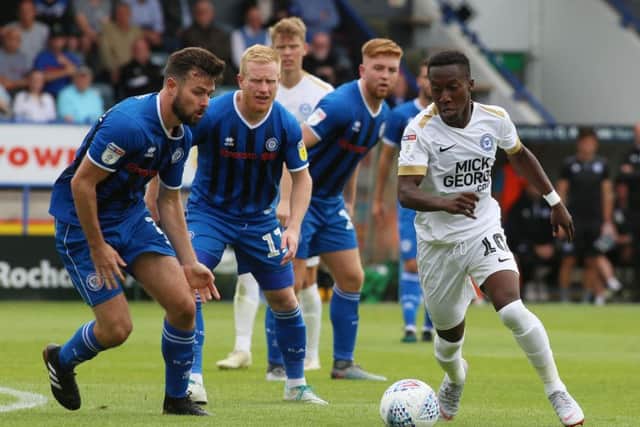 Siriki Dembele on the ball for Posh at Rochdale. Photo: Joe Dent/theposh.com.