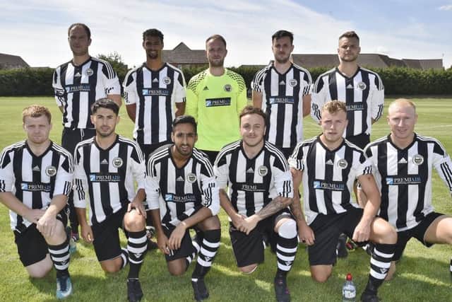 Langtoft United before their 2-1 defeat at the hands of Peterborough Polonia, back, left to right, Steven Slack, Odie Watson, Tom Bedford, Michael Uff, Ben Simpson, (front), Nathan Fryer, Max Webb, Hamza Akram, Ian Walker, Adam Robinson, Mindangas Valys.