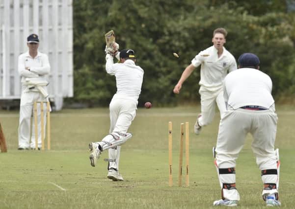 Sawtry's James Harris is bowled by Freddie Ansty of Laxton in a Rutland Division Four game yesterday (Sunday). Sawtry won by 22 runs. Photo: David Lowndes.
