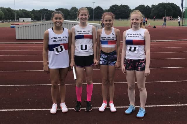 Nene Valley Harriers Under 15 girls 4x100m relay team of from the left Alison Lee, Lottie Hemmings,Chelsie Bole and Issy Elmes.