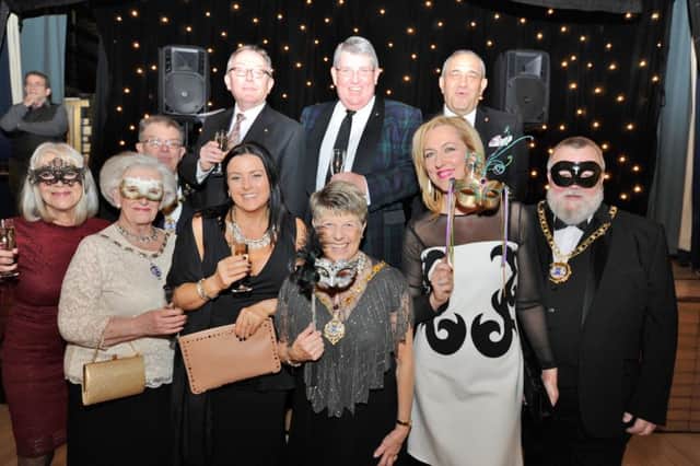 Mayor's masquerade ball in aid of the Mayor's charity at the Fleet. Mayor of Peterborough Coun. John Fox and Mayoress Judy Fox, Deputy Mayor Coun. Chris Ash and Deputy Mayoress Doreen Roberts with sponsor Iain Forsythe and other guests EMN-180128-201029009
