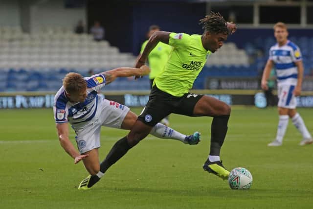 of Peterborough United gets away from Jake Bidwell of Queens Park Rangers - Mandatory by-line: Joe Dent/JMP - 14/08/2018 - FOOTBALL - Loftus Road - London, England - Queens Park Rangers v Peterborough United - Carabao Cup