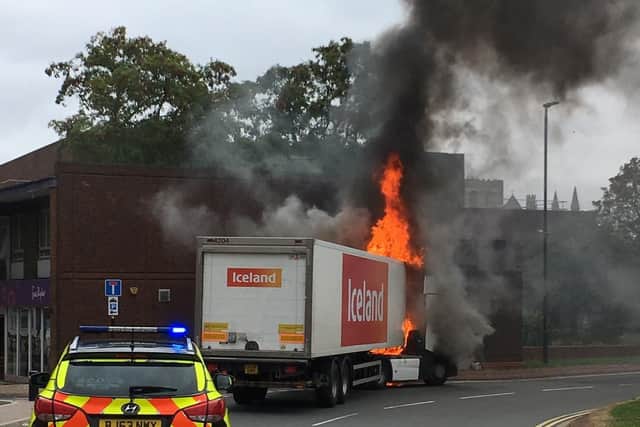 The lorry on fire. Photo: Pep Cipriano